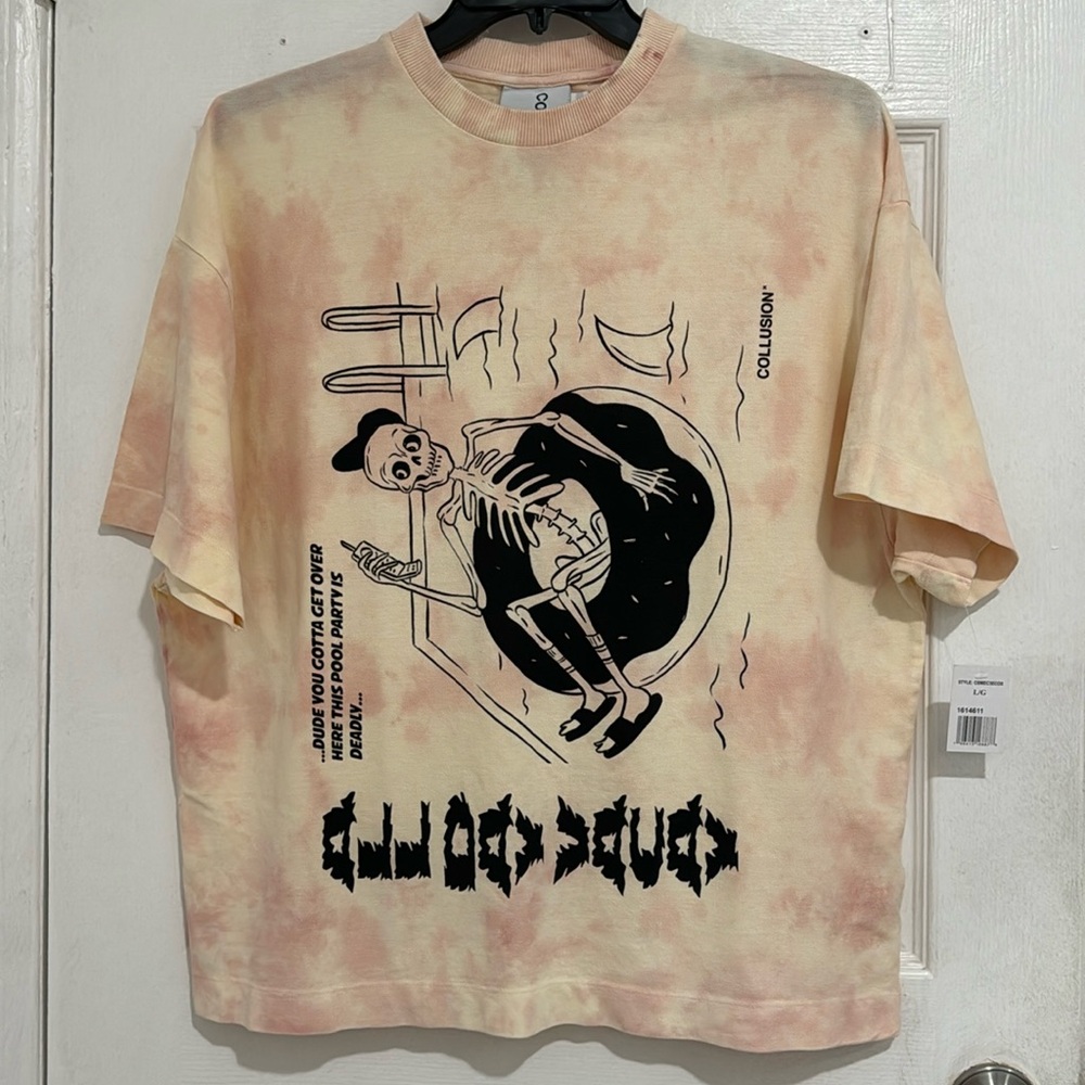Collusion Oversized Skeleton All Day Vacay T-shirt Pale Pink Tie Dye Size L